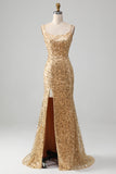 Golden Mermaid Spaghetti Straps paillettes Prom Dress con fessura