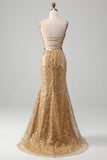 Golden Mermaid Spaghetti Straps paillettes Prom Dress con fessura