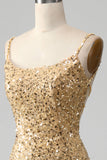 Golden Mermaid Spaghetti Straps paillettes Prom Dress con fessura