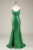 Sparkly Mermaid Spaghetti Straps Paillettes Abito Lungo Prom con Split Front