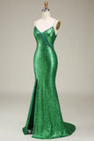 Sparkly Mermaid Spaghetti Straps Paillettes Abito Lungo Prom con Split Front