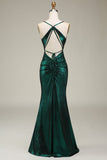 Hot Mermaid Spaghetti Straps Verde scuro Abito da ballo lungo con schiena aperta