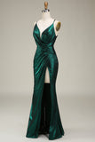 Hot Mermaid Spaghetti Straps Verde scuro Abito da ballo lungo con schiena aperta