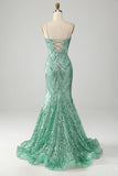 Sparkly verde paillettes Lace-Up Back lungo sirena prom dress con fessura