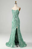 Sparkly verde paillettes Lace-Up Back lungo sirena prom dress con fessura
