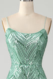 Sparkly verde paillettes Lace-Up Back lungo sirena prom dress con fessura