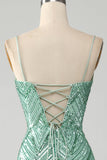 Sparkly verde paillettes Lace-Up Back lungo sirena prom dress con fessura