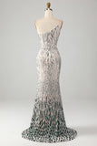 Sparkly Mermaid One Shoulder Paillettes Verde Scuro Abito Lungo Prom