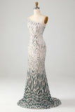 Sparkly Mermaid One Shoulder Paillettes Verde Scuro Abito Lungo Prom