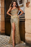 Una spalla dorata frangia paillettes glitter prom dress con fessura
