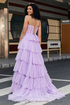 Princess A Line Spaghetti Straps Lilac Corsetto Prom Dress con appliques volant