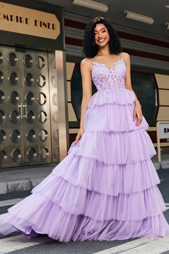 Princess A Line Spaghetti Straps Lilac Corsetto Prom Dress con appliques volant