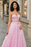 Rosa A-Line senza spalline a più livelli Corsetto lungo Prom Dress con pizzo