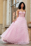 Rosa A-Line senza spalline a più livelli Corsetto lungo Prom Dress con pizzo