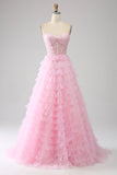 Rosa A-Line senza spalline a più livelli Corsetto lungo Prom Dress