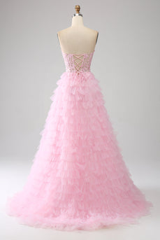 Rosa A-Line senza spalline a più livelli Corsetto lungo Prom Dress