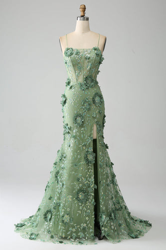 Sirena Spaghetti Straps Verde Corsetto Prom Dress con Appliques