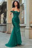 Elegante sirena Off the Shoulder Abito da ballo corsetto verde scuro con spacco anteriore