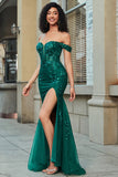 Elegante sirena Off the Shoulder Abito da ballo corsetto verde scuro con spacco anteriore