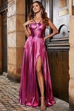 Hot Pink A-Line Spaghetti Straps plissettato Sparkly Prom Dress con fessura