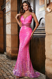 Hot Pink Glitter Mermaid Prom Dress con perline in vita