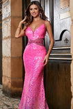 Hot Pink Glitter Mermaid Prom Dress con perline in vita