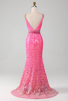Hot Pink Spaghetti Straps Glitter Mermaid Prom Dress con perline in vita