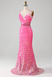 Hot Pink Spaghetti Straps Glitter Mermaid Prom Dress con perline in vita