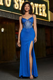 Sirena Royal Blue Glitter Corsetto Prom Dress con perline