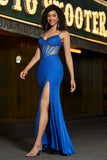 Sirena Royal Blue Glitter Corsetto Prom Dress con perline