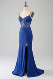 Royal Blue Mermaid Corsetto Prom Dress con perline