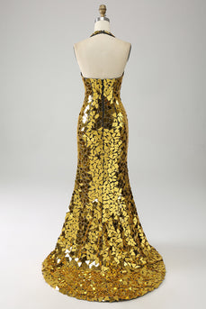 Golden Mermaid Halter profondo scollo a V Backless Mirror Prom Dress con fessura alta