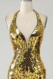 Golden Mermaid Halter profondo scollo a V Backless Mirror Prom Dress con fessura alta
