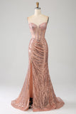 Oro rosa sirena in rilievo increspato paillettes corsetto abito da ballo con fessura laterale