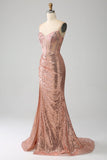 Oro rosa sirena in rilievo increspato paillettes corsetto abito da ballo con fessura laterale