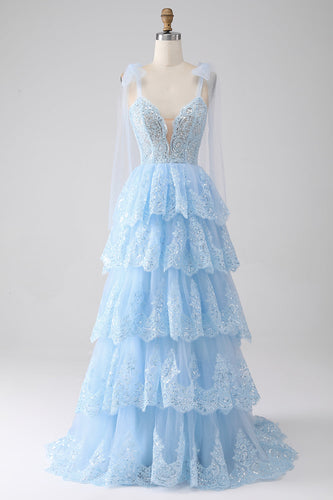 Azzurro Sweetheart Bow Tie Straps Tiered Tulle Paillettes Prom Dress con Appliques