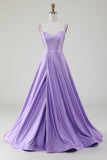 Semplice scintillante lilla A-Line fessura laterale Corsetto Prom Dresses con strass