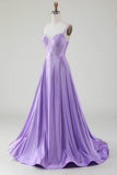 Semplice scintillante lilla A-Line fessura laterale Corsetto Prom Dresses con strass