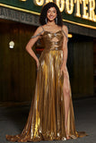 Sparkly increspato Spaghetti Straps in rilievo metallico prom dress con fessura
