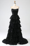 A-Line Paillettes nero a più livelli Prom Dress con fessura