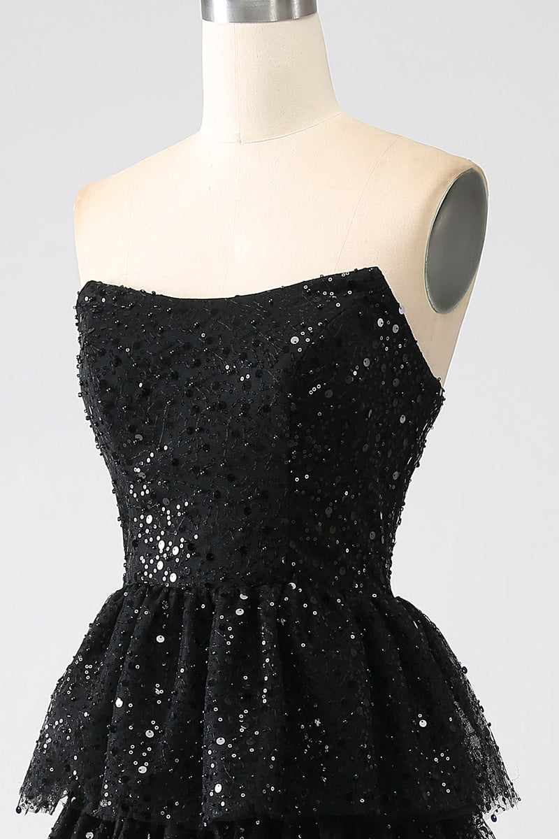 Carica l&#39;immagine nel visualizzatore di Gallery, A-Line Paillettes nero a più livelli Prom Dress con fessura