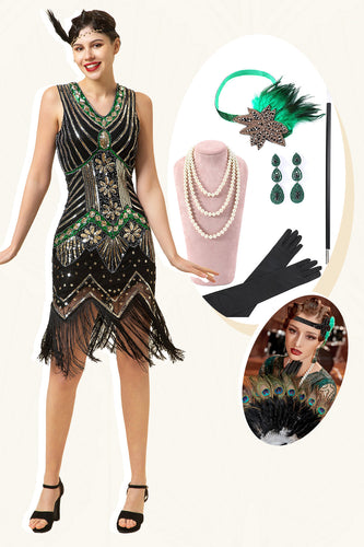 Nero Verde Skills Grange Abito Gatsby anni '20 con set di accessori anni '20