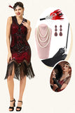 Frange di paillettes rosse e nere Abiti anni '20 con set di accessori anni '20
