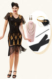 Frange di paillettes nere e dorate Abito Gatsby anni '20 con set di accessori anni '20