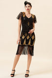 Frange di paillettes nere e dorate Abito Gatsby anni '20 con set di accessori anni '20