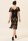 Frange di paillettes nere e dorate Abito Gatsby anni '20 con set di accessori anni '20