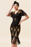 Frange di paillettes nere e dorate Abito Gatsby anni '20 con set di accessori anni '20