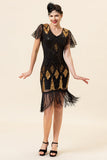 Frange di paillettes nere e dorate Abito Gatsby anni '20 con set di accessori anni '20