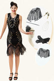 Abito Flapper anni '20 con frange di paillettes nere con 20s Accessories Set