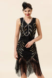 Abito Flapper anni '20 con frange di paillettes nere con 20s Accessories Set